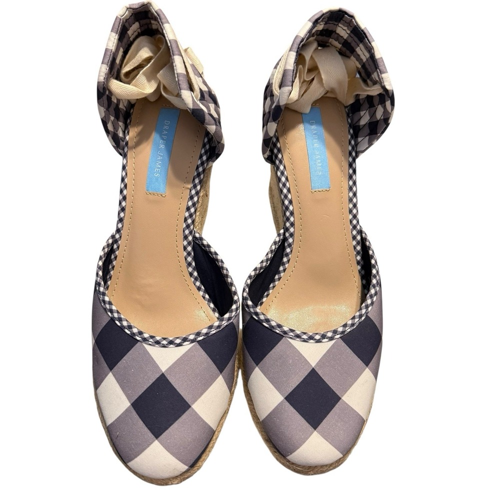 Draper‎ James Navy Gingham Espadrille Wedges Size 8 Ankle Wrap Southern Chic - Picture 3 of 13